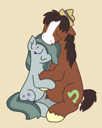 Size: 1488x1873 | Tagged: safe, artist:naggfruit, marble pie, trouble shoes, earth pony, pony, g4, crack shipping, duo, eyes closed, female, floppy ears, hat, male, mare, ship:marbleshoes, shipping, simple background, smiling, stallion, straight, unshorn fetlocks