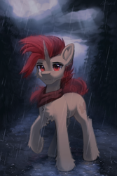 Size: 2000x3000 | Tagged: safe, artist:anku, oc, oc only, oc:selest light, pony, unicorn, chest fluff, horn, looking at you, male, neckerchief, outdoors, red eyes, red hair, solo