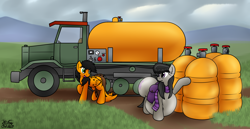 Size: 2880x1488 | Tagged: safe, artist:the-furry-railfan, octavia melody, oc, oc:twintails, earth pony, pegasus, pony, g4, air tank, bag, belly, big belly, butt, butt expansion, clothes, cloud, cloudy, duo, grass, grass field, growth, half-track, huge belly, huge butt, impossibly large belly, impossibly large butt, inflatable, inflatia, inflation, large butt, mountain, mountain range, outdoors, overcast, p 235, saddle bag, scarf, squishy, striped scarf, tanker truck, treblebutt, truck, wide hips, wings