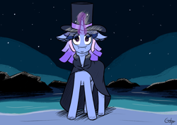 Size: 2480x1754 | Tagged: safe, artist:gotyx96, oc, oc only, oc:flawless sparklemoon, pony, unicorn, my little pony the movie: the death of twilight sparkle, blue coat, blue mane, cloak, clothes, female, fusion, fusion:trixie, fusion:twilight sparkle, fusion:twixie, hat, horn, looking at you, mare, outdoors, smiling, smiling at you, solo, starry eyes, top hat, wingding eyes