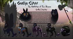 Size: 4200x2250 | Tagged: safe, artist:parrpitched, oc, oc only, oc:grethir claw, griffon, armor, griffon oc, hammer, latex, reference, reference sheet