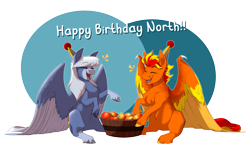 Size: 6563x3900 | Tagged: safe, artist:parrpitched, oc, oc only, oc:fireheart(fire), oc:north star, bat pony, pegasus, pony, bat pony oc, bat wings, birthday, duo, food, fruit, hat, mango, party, party hat, pegasus oc, wings