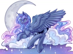 Size: 1371x1024 | Tagged: safe, artist:alunarlen, princess luna, alicorn, pony, g4, female, mare, moon, simple background, solo, spread wings, white background, wings