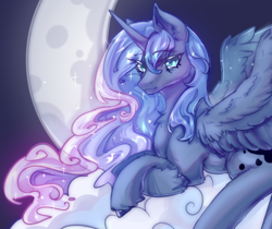 Size: 1026x860 | Tagged: safe, artist:alunarlen, princess luna, alicorn, pony, g4, cropped, female, mare, moon, night, solo, spread wings, wings