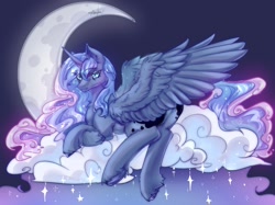 Size: 1371x1024 | Tagged: safe, alternate version, artist:alunarlen, princess luna, alicorn, pony, g4, female, mare, missing accessory, moon, night, solo, spread wings, wings