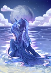 Size: 2480x3508 | Tagged: safe, artist:alunarlen, princess luna, alicorn, pony, g4, beautiful, cloud, female, mare, moon, ocean, outdoors, partially submerged, rear view, solo, water