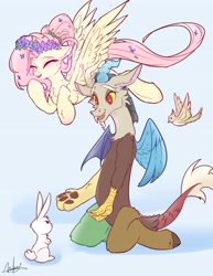 Size: 3162x4096 | Tagged: safe, artist:alunarlen, angel bunny, bird, draconequus, pegasus, pony, rabbit, g4, animal, closed, cute, daaaaaaaaaaaw, digital art, female, floral head wreath, flower, flying, kneeling, male, mare, open mouth, open smile, smiling, trio