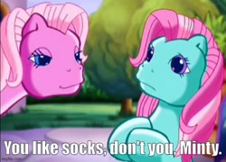 Size: 628x451 | Tagged: safe, edit, edited screencap, screencap, minty, pinkie pie (g3), pony, g3, the runaway rainbow, caption, image macro, imgflip, just one bite, outdoors, reference, spongebob reference, spongebob squarepants, text, you like krabby patties don't you squidward?