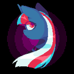 Size: 1320x1320 | Tagged: safe, alternate version, artist:danvo, derpibooru exclusive, oc, oc only, oc:scarlett moonlight, pony, unicorn, digital art, dithering, eye clipping through hair, female, gradient background, horn, lineless, looking at you, pixel art, solo