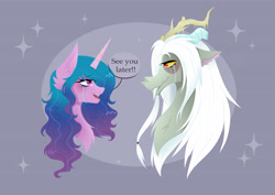 Size: 7016x4961 | Tagged: safe, alternate version, artist:rubyart44, idw, part of a set, discord, izzy moonbow, draconequus, pony, unicorn, g5, spoiler:comic, spoiler:g5comic, antlers, broken horn, bust, commission, commissioner:zcord, crying, dialogue in the description, duo, duo male and female, end of g5, exclamation point, female, horn, male, old man discord, portrait, pun in description, see you later, snaggletooth, sparkles