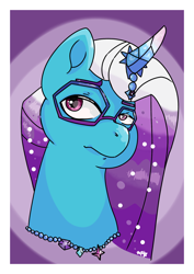 Size: 1240x1754 | Tagged: safe, artist:galactichooves, comet (g5), auroricorn, pony, g5, bust, eyebrows, fanart, glasses, horn, looking at you, male, passepartout, portrait, raised eyebrow, serious, serious face, shiny eyes, solo, stallion