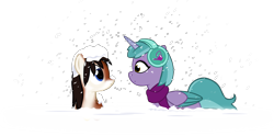 Size: 2439x1211 | Tagged: safe, artist:equestriaexploration, shiny sparks, oc, oc:katabatica lee, pony, yakutian horse, g5, clothes, duo, headphones, scarf, simple background, snow, transparent background