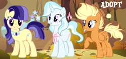 Size: 1280x604 | Tagged: safe, artist:vi45, oc, oc only, earth pony, pegasus, pony, unicorn, autumn, female, forest, hat, horn, leaves, mare, nature, tree, trio, trio female