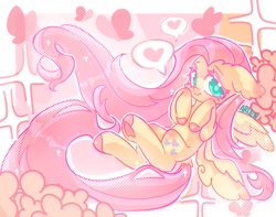 Size: 1300x1024 | Tagged: safe, artist:alunarlen, fluttershy, pegasus, pony, g4, abstract background, blushing, colored eyelashes, colored hooves, colored pupils, colored underhoof, cute, ear blush, ear fluff, female, floppy ears, flying, full body, halftone effect, heart, hooves, hooves to the chest, impossibly long hair, impossibly long mane, impossibly long tail, knee blush, long hair, long mane, looking at you, mare, shyabetes, smiling, smiling at you, solo, speech bubble, spoken heart, spread wings, tail, tail feathers, very long hair, wings