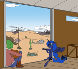 Size: 1812x1608 | Tagged: safe, princess luna, oc, oc:anon, alicorn, human, pony, bag, blushing, boxcar, cactus, cowboy hat, crate, crown, desert, duo, duo male and female, female, guitar, harmonica, hat, jewelry, looking at each other, looking at someone, male, musical instrument, playing instrument, power line, regalia, relaxing, saddle bag, train, travelling