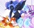 Size: 1024x837 | Tagged: safe, artist:alunarlen, daybreaker, nightmare moon, starlight glimmer, alicorn, pony, unicorn, semi-anthro, a royal problem, g4, my little pony: friendship is magic, armor, female, fight, hand, hoof shoes, horn, jewelry, magic, magic hands, mare, meme, peytral, ponified meme, princess shoes, punch, regalia, smiling, trio, trio female, underhoof