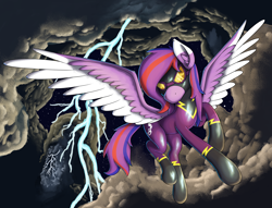 Size: 7924x6065 | Tagged: safe, artist:al solae, oc, oc only, oc:chromatic melody, pegasus, pony, mlp fim's fourteenth anniversary, clothes, cloud, costume, flying, goggles, latex, latex suit, lightning, shadowbolts, shadowbolts costume, shadowbolts uniform, solo, stars, storm