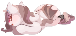 Size: 1243x600 | Tagged: safe, artist:rhythmpixel, oc, oc only, oc:espresso notes, bat pony, bat pony oc, blushing, butt grab, butt touch, grope, lineless, looking at you, lying down, simple background, solo, tail, tail wrap, transparent background, wing hands, wings