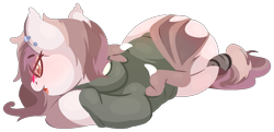 Size: 1243x600 | Tagged: safe, alternate version, artist:rhythmpixel, oc, oc only, oc:espresso notes, bat pony, bat pony oc, butt grab, butt touch, clothes, female, grope, hoodie, lineless, lying down, mare, simple background, solo, tail, tail wrap, transparent background