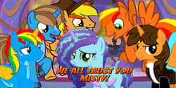 Size: 827x415 | Tagged: safe, artist:hyenari6296, editor:hyenari6296, misty brightdawn, oc, oc:ej, oc:firey ratchet, oc:shield wing, alicorn, pegasus, unicorn, g4, g5, female, horn, male