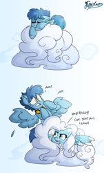 Size: 3500x5800 | Tagged: safe, artist:fluffyxai, oc, oc only, oc:cloud burst, oc:cloudburst, pegasus, pony, artfight, cloud, duo, grumpy, lying down, namesake, on a cloud, pun, shocked, similarities, sleeping, sleeping on a cloud, surprised, visual pun