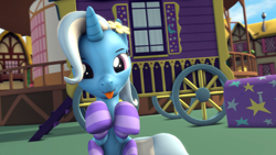 Size: 1920x1080 | Tagged: safe, artist:scorp125, trixie, pony, unicorn, g4, 3d, :3, :p, clothes, cute, diatrixes, flower, flower in hair, horn, outdoors, ponyville, ponyville town hall, socks, solo, source filmmaker, striped socks, tongue out, trixie's wagon, wagon