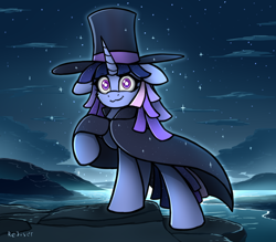 Size: 2400x2100 | Tagged: safe, artist:rejiser, oc, oc only, oc:flawless sparklemoon, pony, unicorn, my little pony the movie: the death of twilight sparkle, cloak, clothes, commission, detailed background, female, fusion, fusion:trixie, fusion:twilight sparkle, fusion:twixie, hat, horn, looking forward, magician outfit, mare, outdoors, raised hoof, smiling, solo, standing, starry eyes, top hat, unicorn oc, wide eyes, wingding eyes