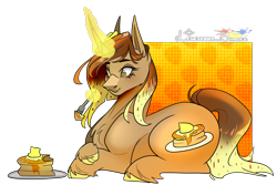 Size: 1800x1200 | Tagged: safe, artist:legendaryshadee, oc, oc only, pony, unicorn, female, food, fork, horn, lying down, magic, mare, pancakes, prone, simple background, solo, transparent background, unicorn oc