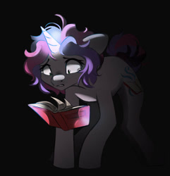 Size: 933x967 | Tagged: safe, artist:melodylibris, oc, oc only, oc:melody (melodylibris), pony, unicorn, black background, book, female, frown, glowing, glowing horn, horn, levitation, magic, mare, reading, scared, shrunken pupils, simple background, solo, standing, teary eyes, telekinesis, unicorn oc