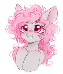 Size: 823x965 | Tagged: safe, artist:melodylibris, oc, oc only, oc:krista pebble, earth pony, pony, blush scribble, blushing, bust, ear blush, eyebrows, eyebrows visible through hair, female, freckles, gift art, grin, lidded eyes, long mane, looking at you, mare, simple background, smiling, solo, white background