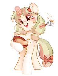 Size: 972x1280 | Tagged: oc name needed, safe, artist:melodylibris, oc, oc only, pony, unicorn, art trade, batter, blushing, bow, bowl, cute, ear blush, eye clipping through hair, female, food, glowing, glowing horn, hoof hold, horn, levitation, magic, mare, mixing bowl, motion lines, ocbetes, open mouth, open smile, pigtails, simple background, smiling, solo, tail, tail accessory, tail bow, telekinesis, tied mane, tied tail, whisk, white background