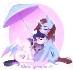 Size: 2065x1996 | Tagged: safe, artist:bambudess, oc, oc only, pegasus, pony, unicorn, abstract background, choker, comforting, crying, duo, female, horn, jewelry, mare, necklace, one ear down, rain, umbrella