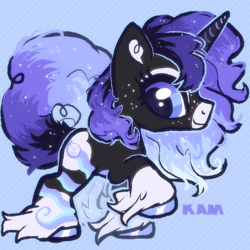 Size: 600x600 | Tagged: safe, artist:lastunicorn666, oc, oc:lunar swirl, pony, unicorn, blue background, chibi, female, horn, mare, simple background, solo