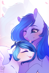 Size: 1686x2500 | Tagged: safe, artist:bambudess, oc, oc only, oc:jewel blue, oc:shadow blue, earth pony, pegasus, pony, blushing, duo, ear pull, female, mare, mother and child, mouth hold, one eye closed, zoom layer