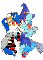 Size: 2119x2970 | Tagged: safe, artist:thunderrainbowshadow, oc, oc only, oc:murky silentium, oc:watercolor (the coco clan), monster pony, pegasus, pony, unicorn, 2024, :3, art trade, blade, blades, blue mane, blue tail, blush sticker, blushing, bow, broom, c:, cape, catchlights, clothes, coat markings, colored, costume, cyan coat, duo, duo female, ear fluff, ears up, eyelashes, facial markings, fangs, female, female oc, flat colors, floating heart, friends with benefits, hairband, halloween, halloween costume, happy, hat, heart, high res, holiday, hooves, horn, lesbian, lidded eyes, looking at each other, looking at someone, magenta eyes, mane, mare, mare oc, mare on mare, no shading, oc x oc, older female, partial transformation, pegasus oc, pegasus wings, pony oc, pony on pony action, ponytail, quadrupedal, shipping, short mane, simple background, smiling, socks, spread wings, striped socks, stripes, tail, tail bow, three quarter view, traditional art, two toned coat, two toned mane, two toned tail, unicorn oc, weapon, white background, white mane, white tail, wingblade, wings, witch costume, witch hat, younger female