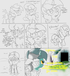 Size: 4660x5032 | Tagged: safe, artist:background basset, bon bon, lyra heartstrings, sweetie drops, earth pony, pony, unicorn, fanfic:background pony, g4, clothes, comic, dialogue, dig the swell hoodie, duo, gray background, hoodie, horn, simple background, sketch, sketch dump, text