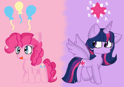 Size: 1194x834 | Tagged: safe, artist:cupcatthecat, pinkie pie, twilight sparkle, alicorn, earth pony, pony, g4, cutie mark, duo, duo female, female, mare, split background, twilight sparkle (alicorn)