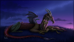 Size: 1600x900 | Tagged: safe, artist:afialtis, discord, fluttershy, draconequus, pegasus, pony, g4, duo, duo male and female, female, lying down, male, mare, prone, spread wings, sunset, wings