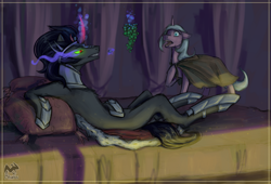 Size: 1280x869 | Tagged: safe, artist:afialtis, king sombra, radiant hope, pony, unicorn, g4, bed, cloak, clothes, curved horn, duo, female, food, grapes, hoof shoes, horn, magic, male, mare, reclining, sombra eyes, stallion, telekinesis