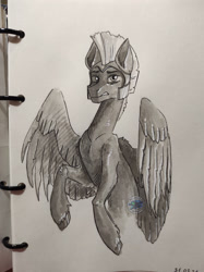 Size: 1920x2566 | Tagged: safe, artist:afialtis, oc, oc only, pegasus, pony, black and white, grayscale, helmet, male, monochrome, simple background, spread wings, stallion, traditional art, white background, wings