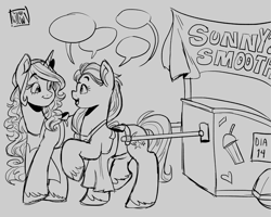 Size: 2048x1638 | Tagged: safe, artist:twillow, izzy moonbow, sunny starscout, earth pony, pony, unicorn, g5, duo, duo female, female, gray background, grayscale, horn, mare, monochrome, open mouth, open smile, simple background, smiling, smoothie cart, speech bubble, unitober 2024