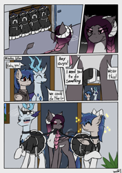 Size: 2893x4092 | Tagged: safe, artist:monycaalot, oc, oc only, oc:arculus, oc:blueshade, oc:kylreiah, changeling, pegasus, :d, clothes, collar, comic, commission, dress, happy, horn, maid, open mouth, open smile, pegasus oc, shy, smiling, socks