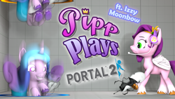 Size: 1920x1080 | Tagged: safe, artist:pika-robo, izzy moonbow, pipp petals, pegasus, pony, unicorn, series:pipp plays, g4, g5, 3d, crossover, duo, fake thumbnail, female, g5 to g4, gamer izzy moonbow, gamer pipp, gaming headset, generation leap, grin, headset, hoof hold, horn, let's play, looking at someone, looking at you, mare, motion blur, portal, portal (valve), portal 2, portal gun, portals, smiling, source filmmaker, video game, wings, youtube thumbnail