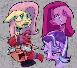 Size: 3460x3080 | Tagged: safe, artist:another_pony, fluttershy, moondancer, pinkie pie, starlight glimmer, g4, bust, crying, pinkamena diane pie