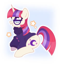 Size: 1400x1500 | Tagged: safe, artist:vivian reed, moondancer, pony, unicorn, g4, clothes, cute, dancerbetes, female, glasses, happy, horn, mare, open mouth, open smile, smiling, solo, stars, sweater