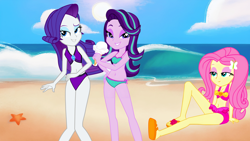 Size: 3000x1688 | Tagged: safe, artist:rosasmitt, fluttershy, rarity, starlight glimmer, human, equestria girls, g4, beach, bikini, caption, charming, clothes, image macro, outdoors, pink bikini, pink swimsuit, purple bikini, purple swimsuit, seductive, sexy, spoilers for another series, swimsuit, swimsuit swap, text