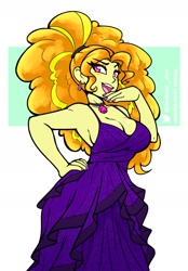 Size: 1200x1726 | Tagged: safe, artist:ambris, adagio dazzle, human, equestria girls, g4, breasts, busty adagio dazzle, choker, cleavage, clothes, curly hair, dress, eyeshadow, female, fingernails, gem, hairband, hand on hip, makeup, meta, nail polish, nails, noblewoman's laugh, open mouth, open smile, purple dress, purple nail polish, sideboob, siren gem, smiling, solo, twitter, twitter link, yellow eyeshadow