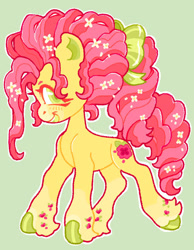 Size: 749x966 | Tagged: safe, artist:norbiester, royal bouquet, earth pony, pony, g3, alternate hair color, blush lines, blushing, coat markings, colored eyelashes, colored hooves, colored pinnae, concave belly, cute, female, fetlock tuft, flower, flower in hair, flower in tail, g3betes, green background, green hooves, green mouth, green pupils, hooves, looking at you, mare, messy mane, not li'l cheese, not red roses, open mouth, open smile, ponytail, raised hoof, red eyelashes, redesign, shiny hooves, simple background, smiling, socks (coat markings), standing on three hooves, tail