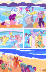 Size: 1219x1920 | Tagged: safe, artist:aztrial, alphabittle blossomforth, comet (g5), dahlia, hitch trailblazer, izzy moonbow, jazz hooves, misty brightdawn, pipp petals, posey bloom, queen haven, sparky sparkeroni, sunny starscout, violette rainbow, windy, zipp storm, auroricorn, dragon, earth pony, pegasus, pony, unicorn, g5, my little pony: tell your tale, the water park, spoiler:g5, spoiler:my little pony: tell your tale, spoiler:tyts02e23, ball, beach, beach ball, blue coat, cel shading, colored wings, crown, end of g5, gradient mane, gray coat, happy, horn, jewelry, mane five, mane six (g5), mane stripe sunny, multiple characters, ocean, open mouth, outdoors, purple mane, purple tail, rainbow power, rebirth misty, regalia, shading, smiling, spread wings, tail, two toned mane, two toned tail, two toned wings, unitober 2024, unshorn fetlocks, walking, water, water park, wet mane zipp storm, white mane, wings