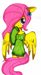 Size: 828x1488 | Tagged: safe, artist:fleiiha, fluttershy, pegasus, anthro, g4, clothes, cute, female, hoodie, shyabetes, solo, traditional art